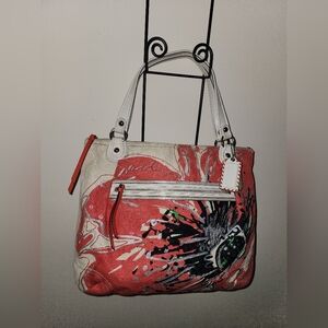 Coach Poppy Leather Canvas Sequins Floral Paint Splash Embroided Purse Tote Pink